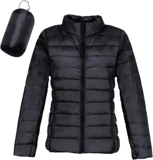 Packable Down Jacket Women Lightweight Full Zip Puffer Jackets Casual Warm Stand Collar Quilted Winter Coat with Hood