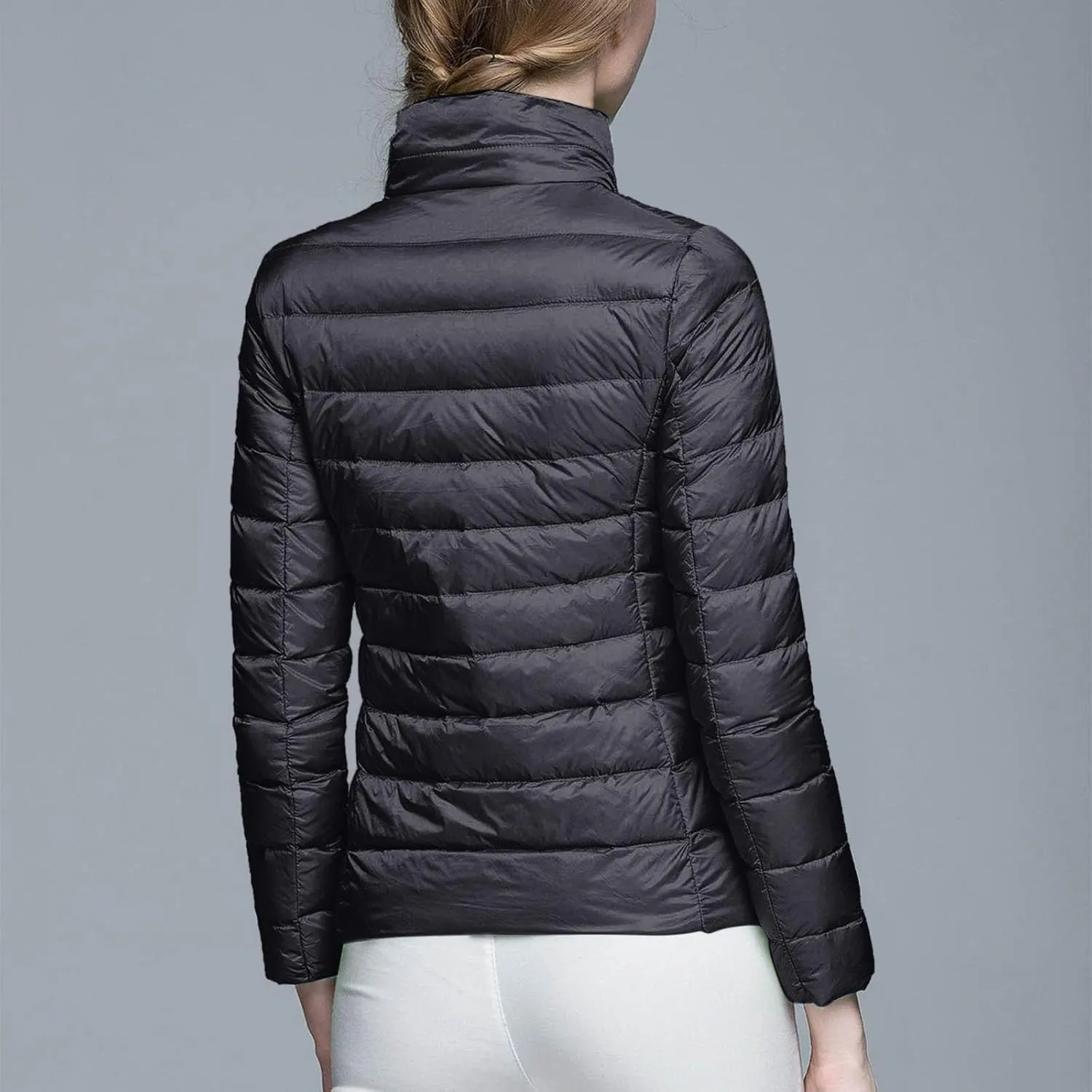 Packable Down Jacket Women Lightweight Full Zip Puffer Jackets Casual Warm Stand Collar Quilted Winter Coat with Hood