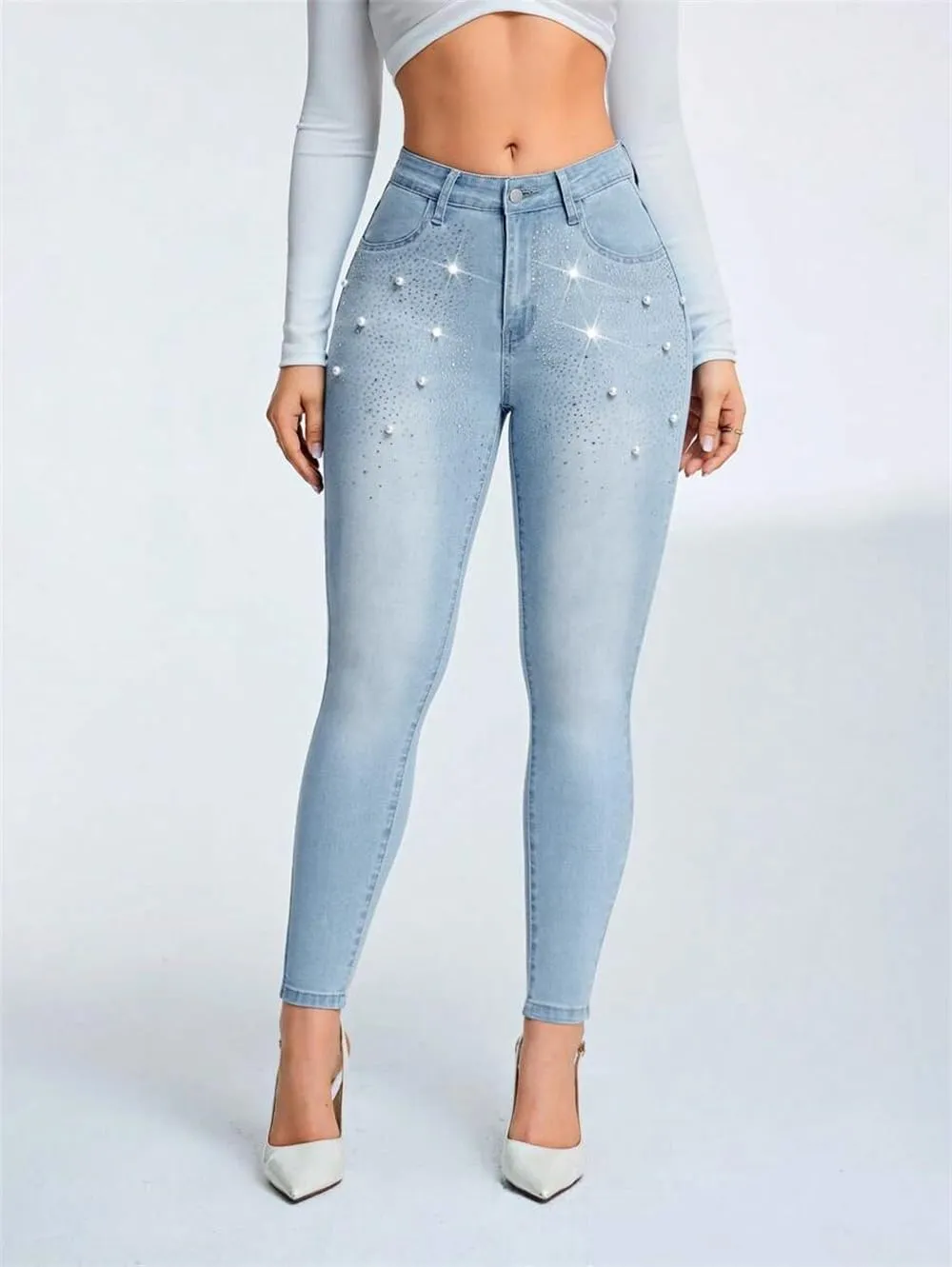 Pearl Jeans for Women Rhinestone Low Rise Skinny Jeans Embellished Cropped Stretchy Denim Pants