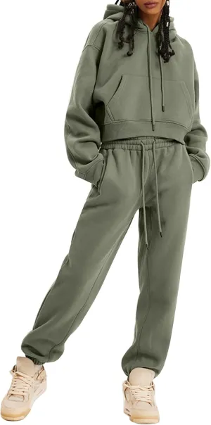 PEHMEA Women's 2 Piece Sweatsuit Outfits, Winter Comfy Lounge Sets for Women, Fleece Hoodies Crop Pullover with Joggers Pants