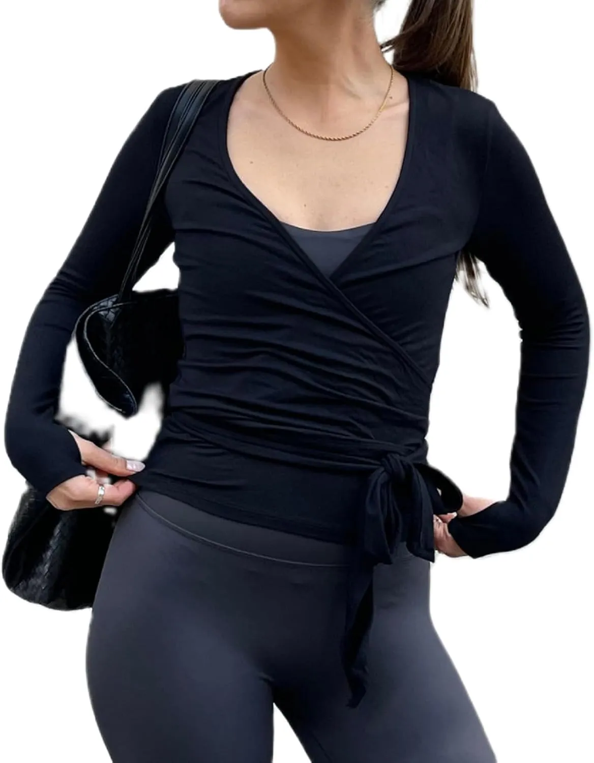 Pilates Ballet Wrap Tops for Women Y2K Long Sleeve Tie Front Yoga Shirts Slim Fit V Neck Bandage Workout Tops