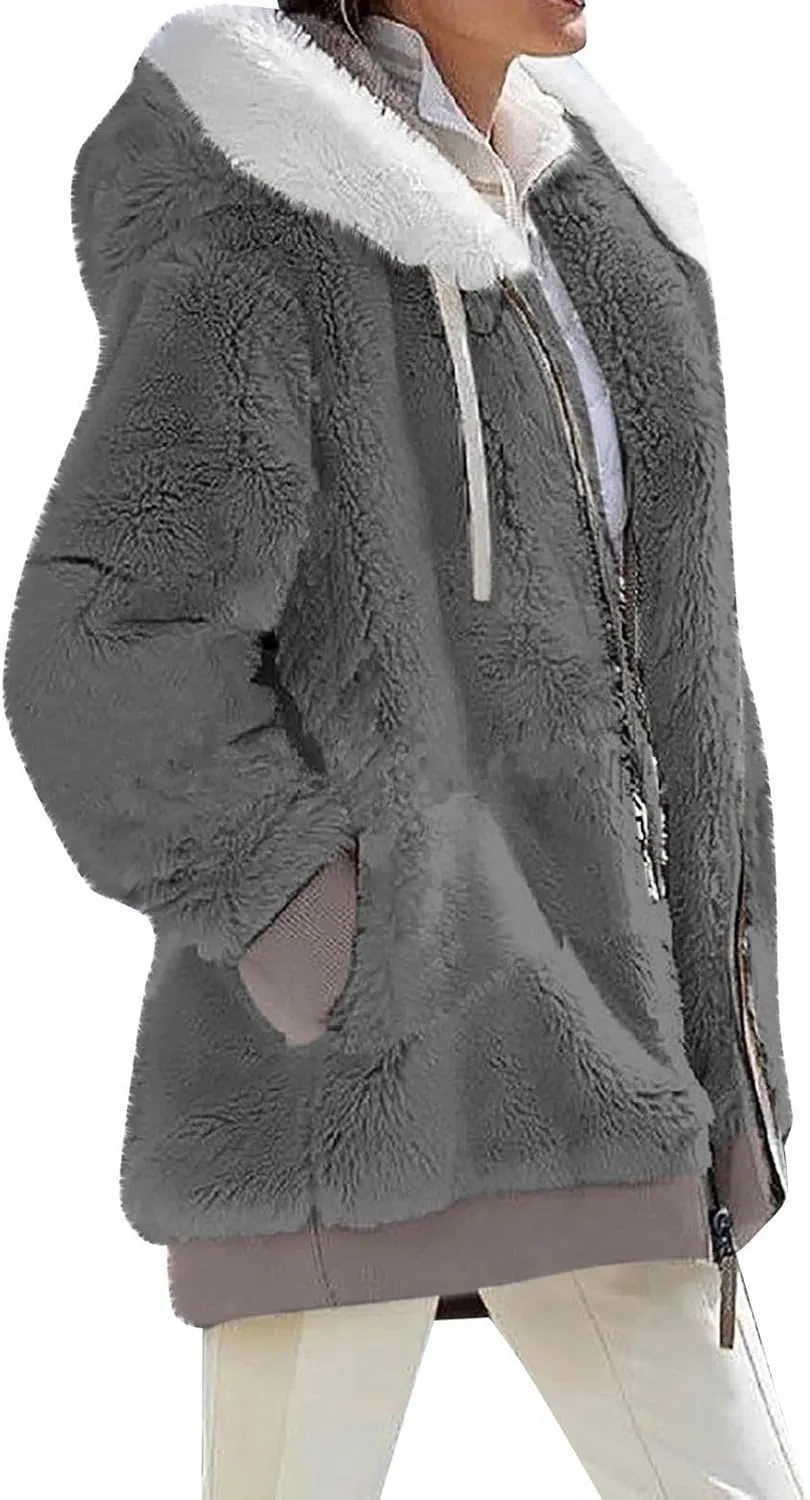 Plus Size Winter Coats for Women Drawstring Fuzzy Fleece Zip Up Hoodie Jacket Color Block Long Faux Fur Coat with Pocket