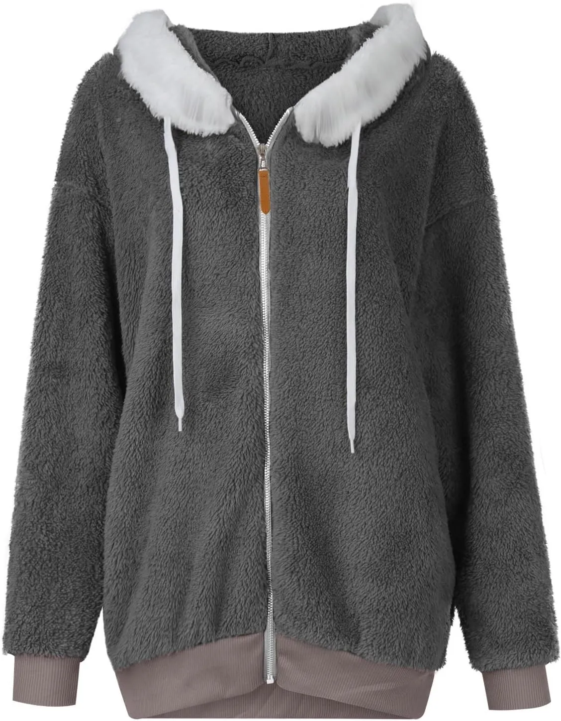 Plus Size Winter Coats for Women Drawstring Fuzzy Fleece Zip Up Hoodie Jacket Color Block Long Faux Fur Coat with Pocket