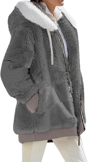 Plus Size Winter Coats for Women Drawstring Fuzzy Fleece Zip Up Hoodie Jacket Color Block Long Faux Fur Coat with Pocket