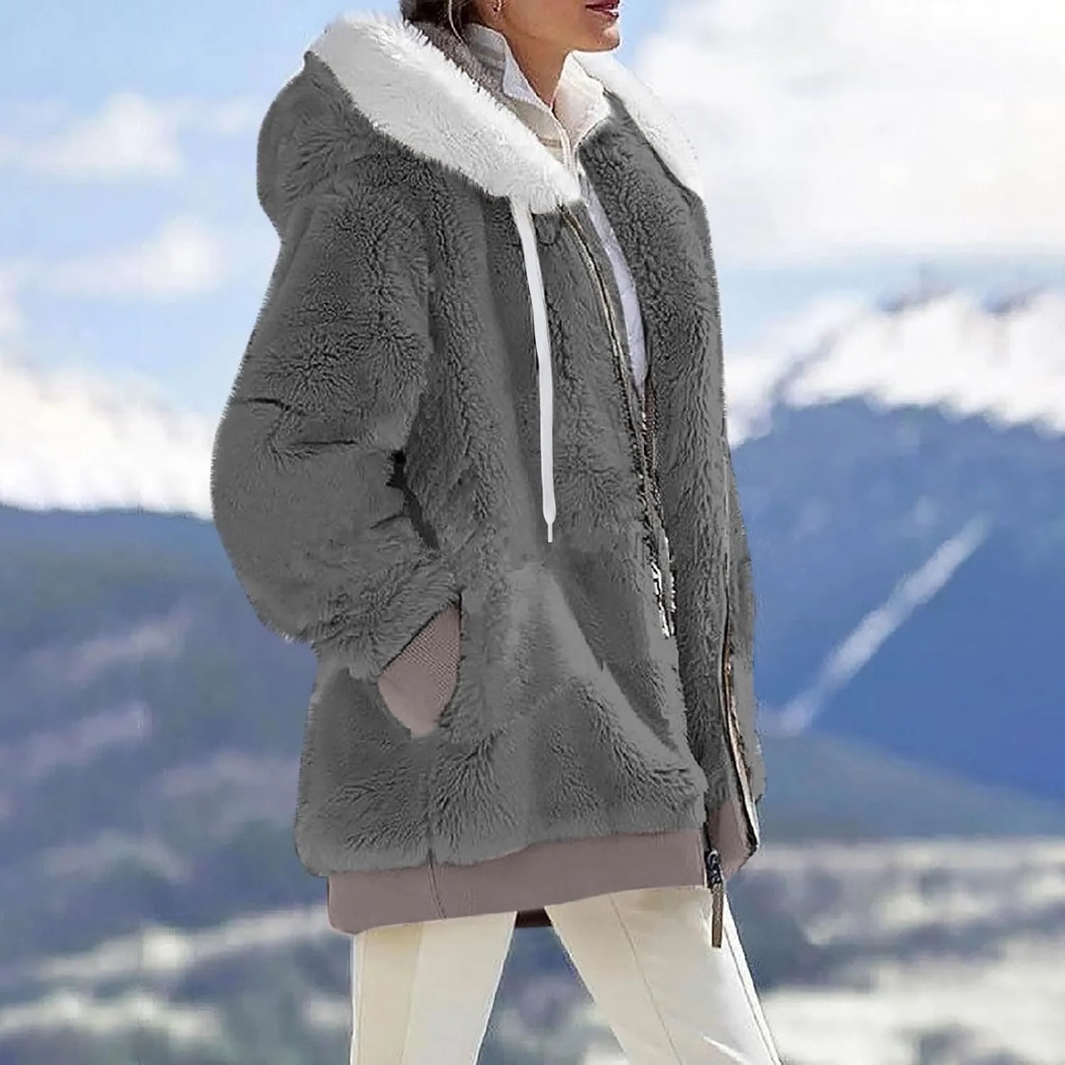 Plus Size Winter Coats for Women Drawstring Fuzzy Fleece Zip Up Hoodie Jacket Color Block Long Faux Fur Coat with Pocket