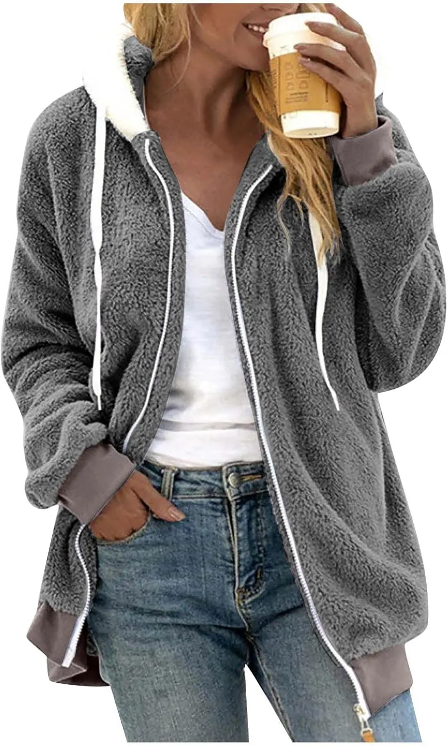 Plus Size Winter Coats for Women Drawstring Fuzzy Fleece Zip Up Hoodie Jacket Color Block Long Faux Fur Coat with Pocket