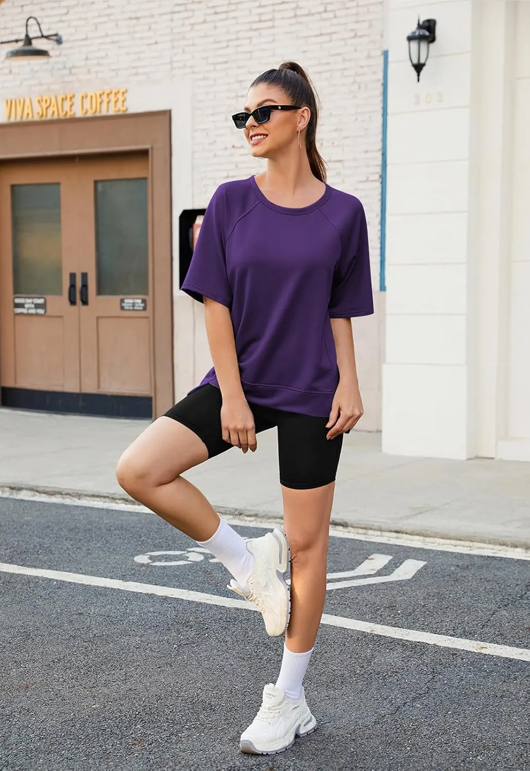 Poetsky Oversized T Shirts for Women Crew Neck Short Sleeve Summer Tops Loose Casual High Low Blouses