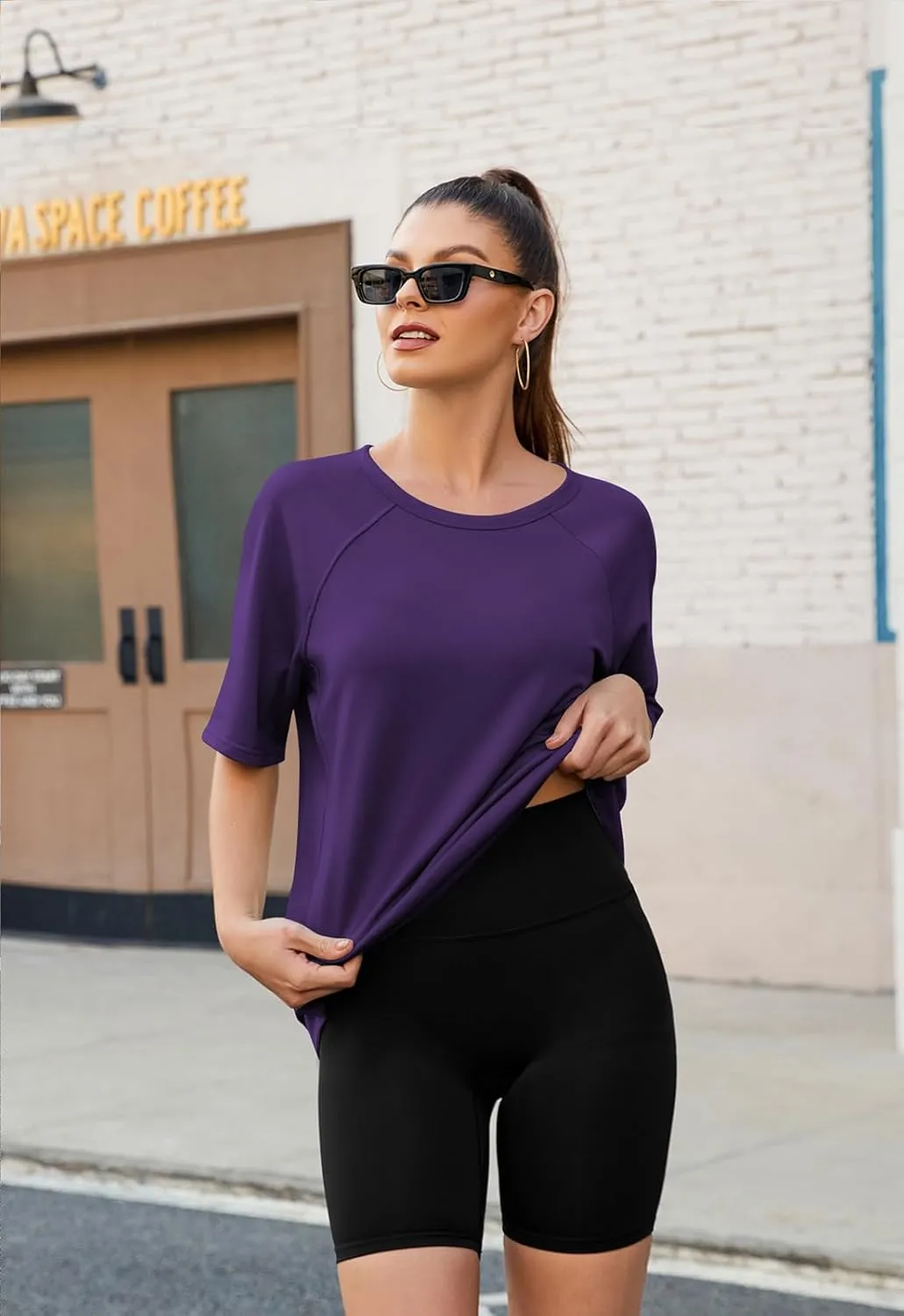 Poetsky Oversized T Shirts for Women Crew Neck Short Sleeve Summer Tops Loose Casual High Low Blouses