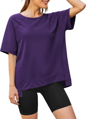 Poetsky Oversized T Shirts for Women Crew Neck Short Sleeve Summer Tops Loose Casual High Low Blouses