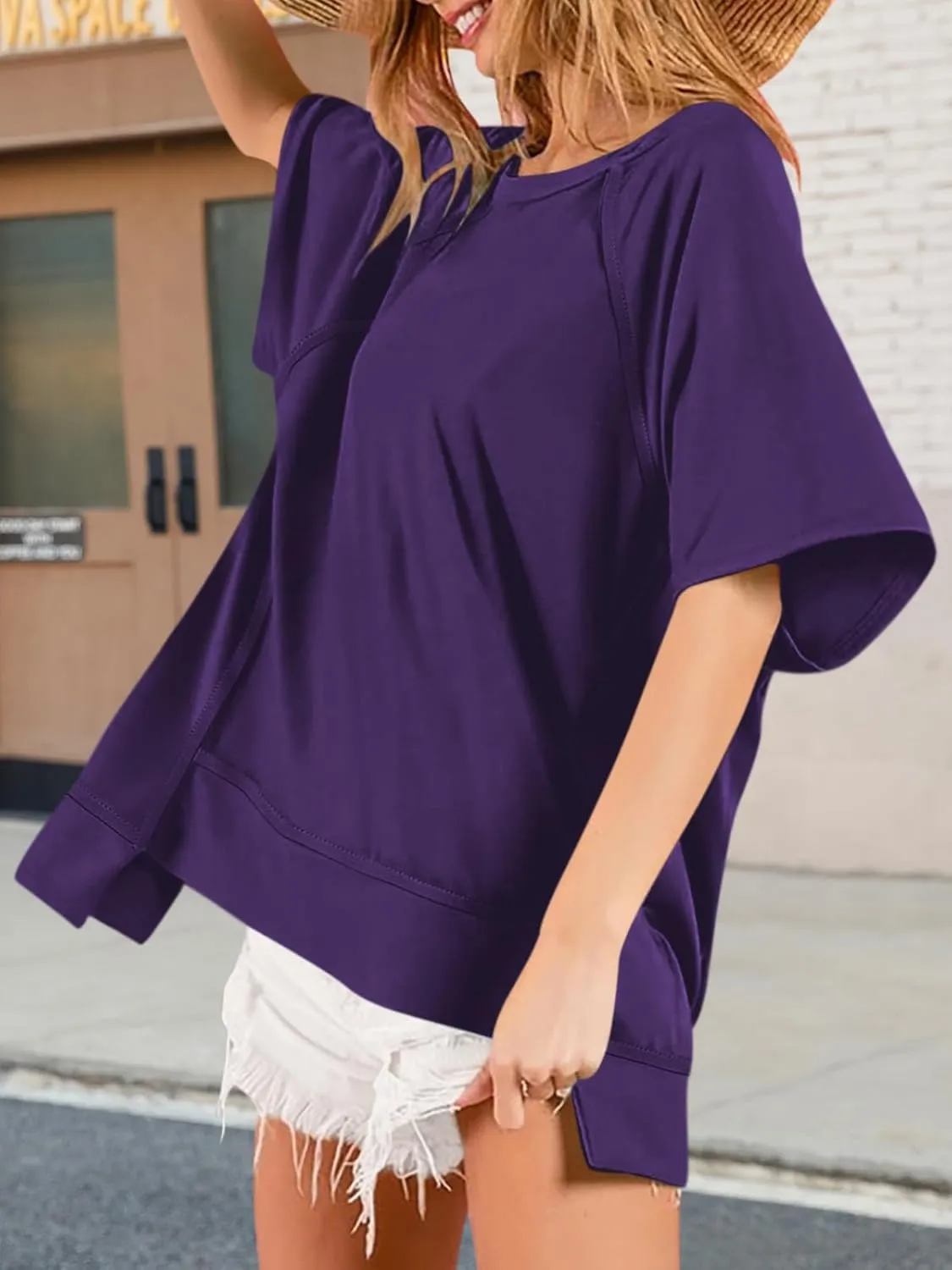 Poetsky Oversized T Shirts for Women Crew Neck Short Sleeve Summer Tops Loose Casual High Low Blouses