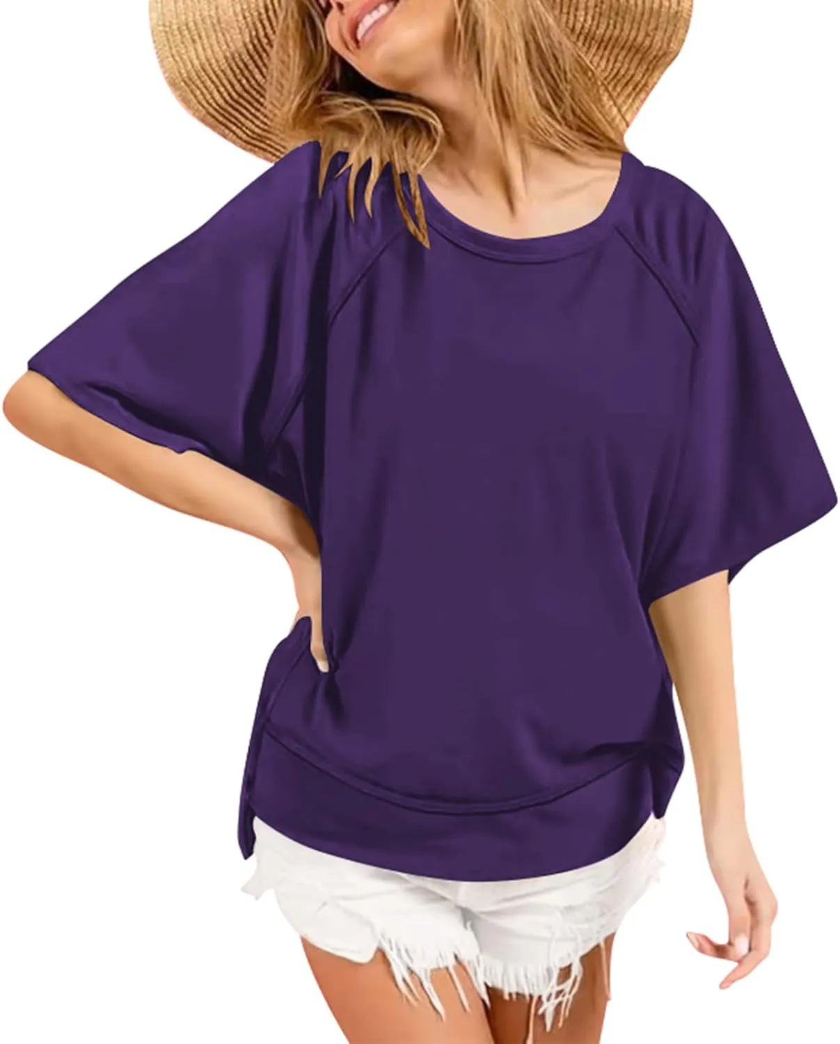 Poetsky Oversized T Shirts for Women Crew Neck Short Sleeve Summer Tops Loose Casual High Low Blouses