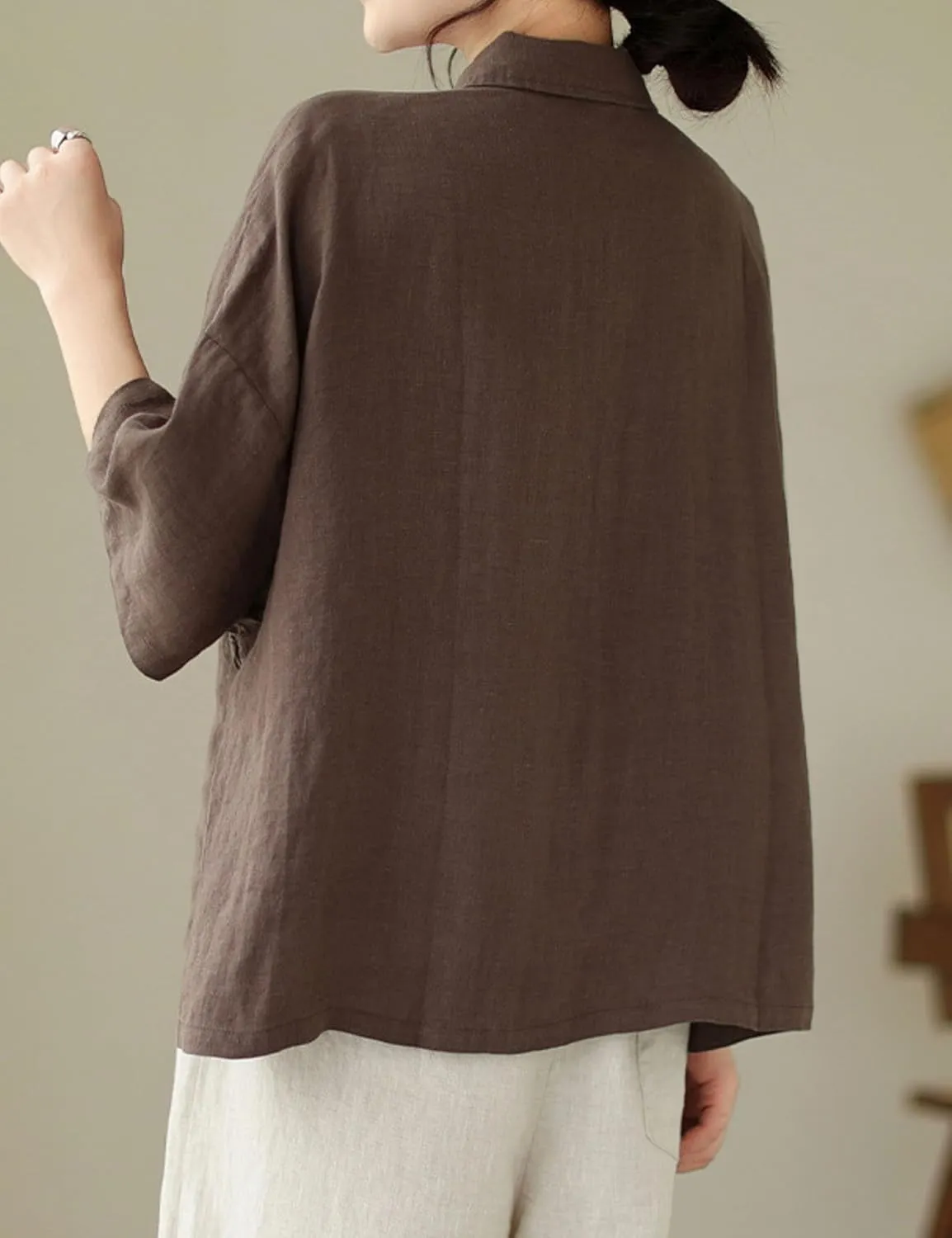 QIBABU Linen Button Down Shirt for Women Casual Half Sleeve Blouses Summer Collared Tops