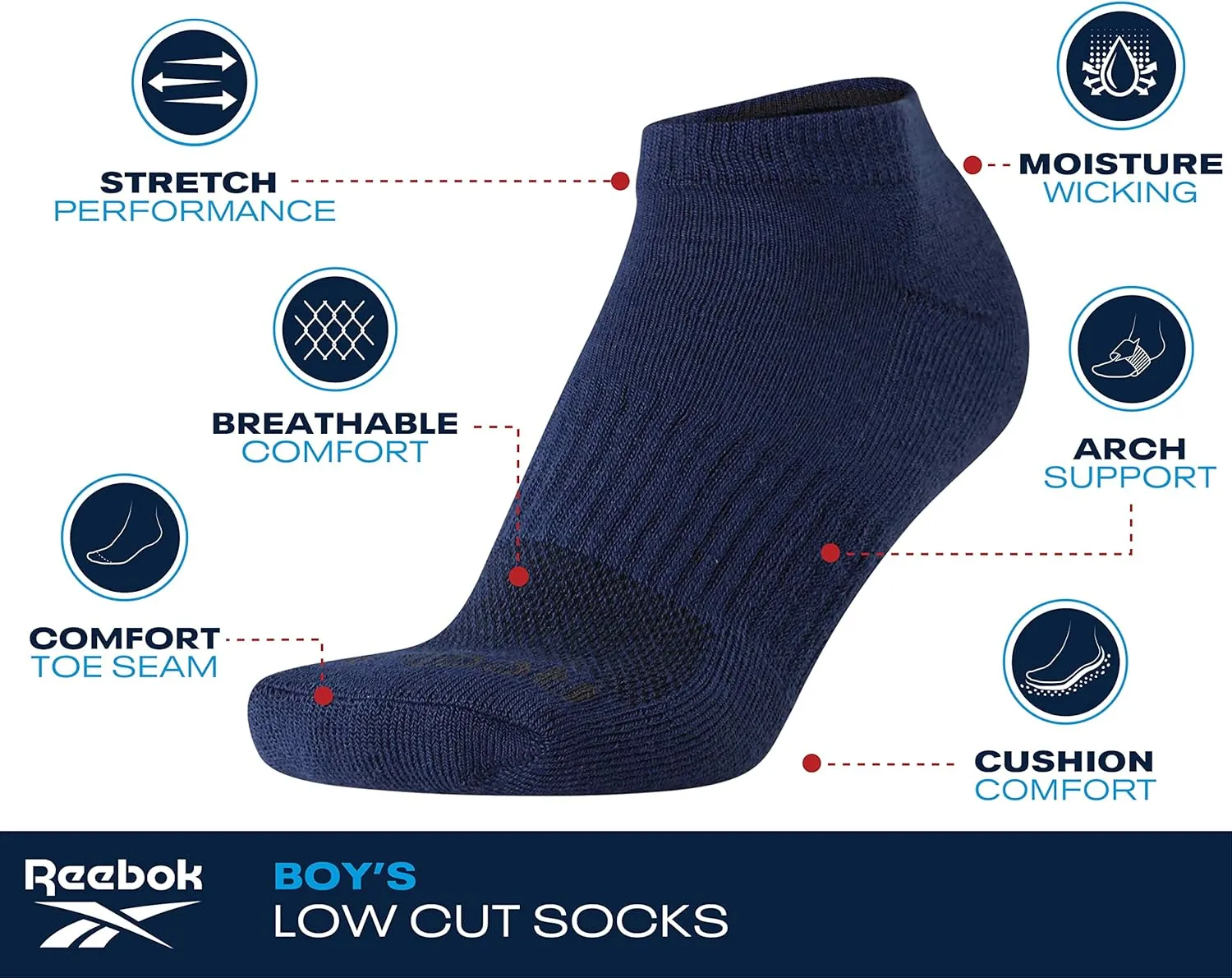Reebok Boys' Ankle Socks - 6 Pack Moisture-Wicking Low Cut Athletic Low Cut Socks for Boys with Arch Support (Sizes: S-L)