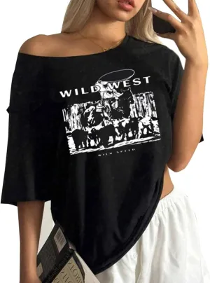 Remidoo Womens Off The Shoulder Top Oversized Tshirts Graphic Tee Short Sleeve Loose Shirt