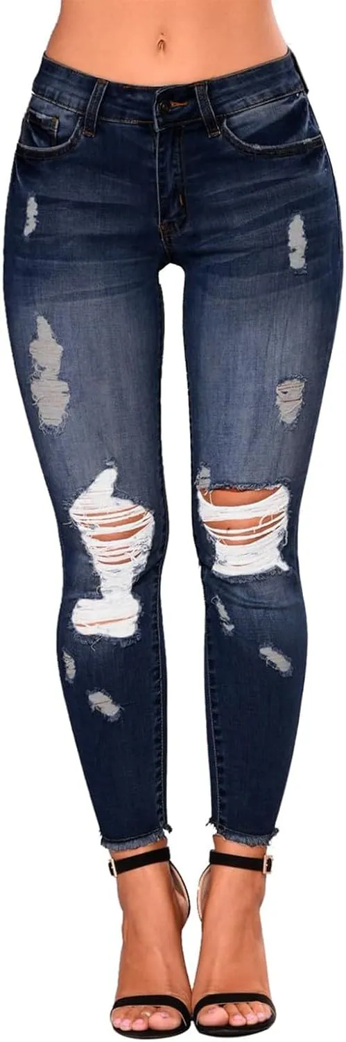 Ripped Jeans Womens Skinny Stretchy High Waisted Plus Size Raw Hem Denim Boyfriend Butt Lifting Jeggings with Pockets