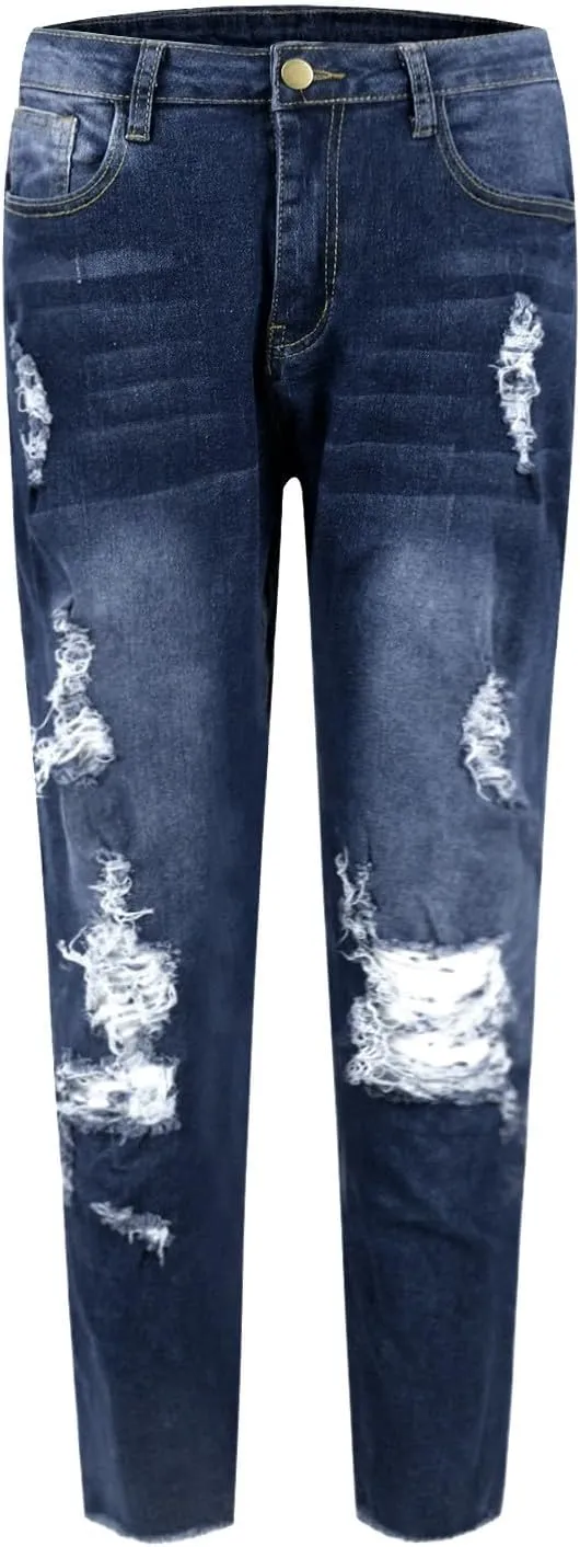 Ripped Jeans Womens Skinny Stretchy High Waisted Plus Size Raw Hem Denim Boyfriend Butt Lifting Jeggings with Pockets