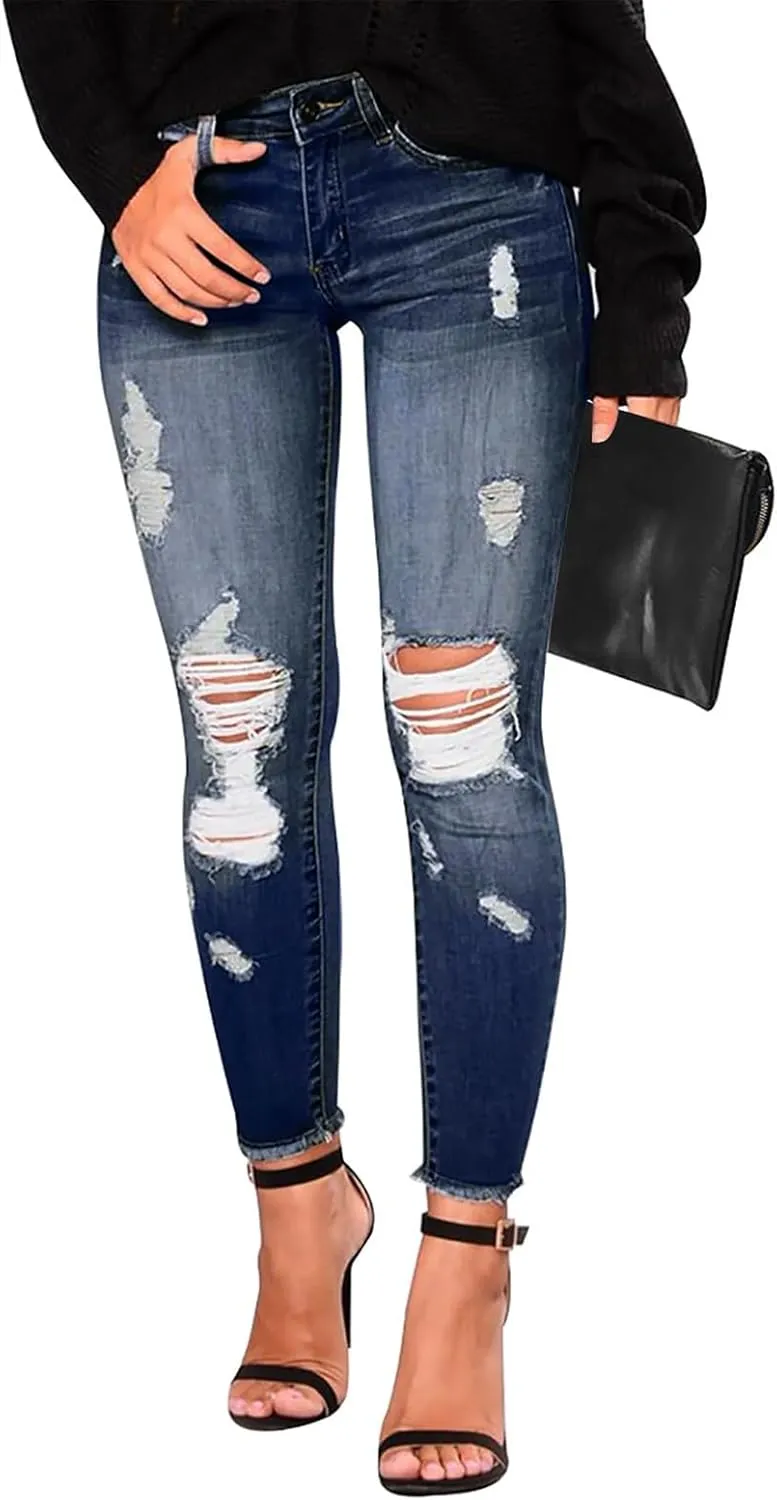 Ripped Jeans Womens Skinny Stretchy High Waisted Plus Size Raw Hem Denim Boyfriend Butt Lifting Jeggings with Pockets