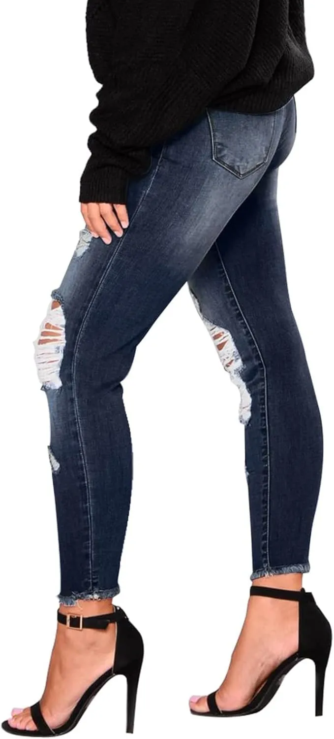 Ripped Jeans Womens Skinny Stretchy High Waisted Plus Size Raw Hem Denim Boyfriend Butt Lifting Jeggings with Pockets