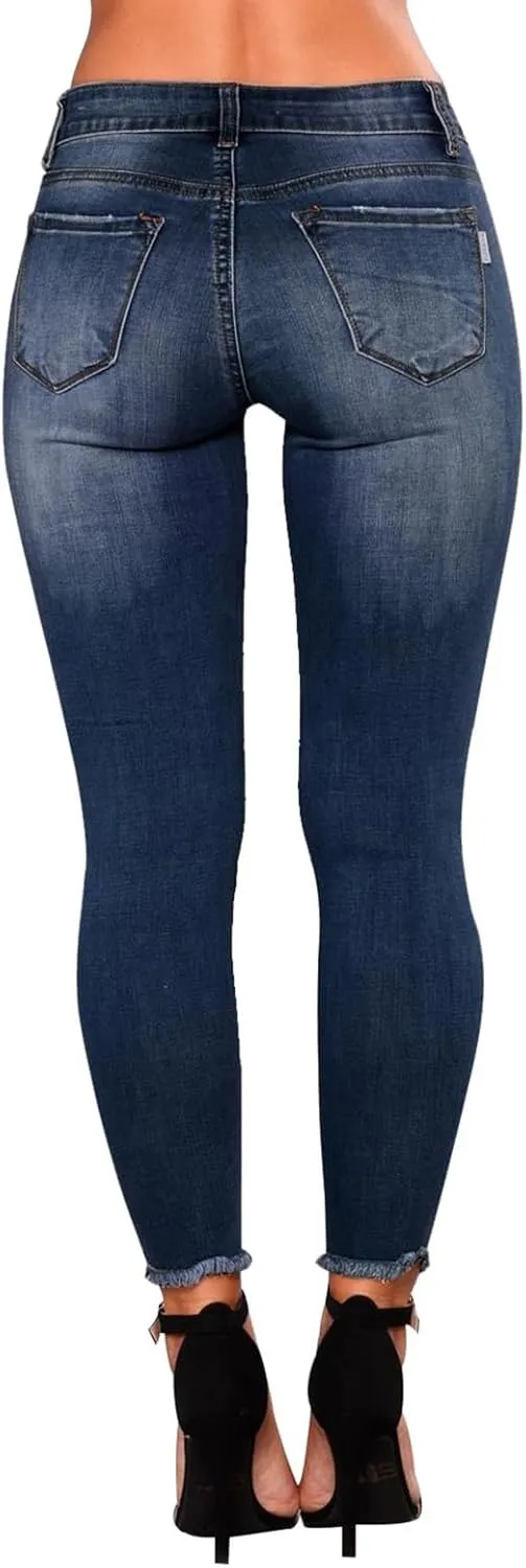 Ripped Jeans Womens Skinny Stretchy High Waisted Plus Size Raw Hem Denim Boyfriend Butt Lifting Jeggings with Pockets