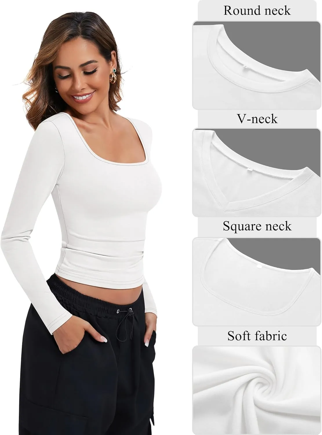 Riyiper 3 Pack Women's Long Sleeve Crop Tops Y2k Slim Fit Square Crew V Neck Shirts Casual Basics Layering
