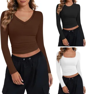 Riyiper 3 Pack Women's Long Sleeve Crop Tops Y2k Slim Fit Square Crew V Neck Shirts Casual Basics Layering