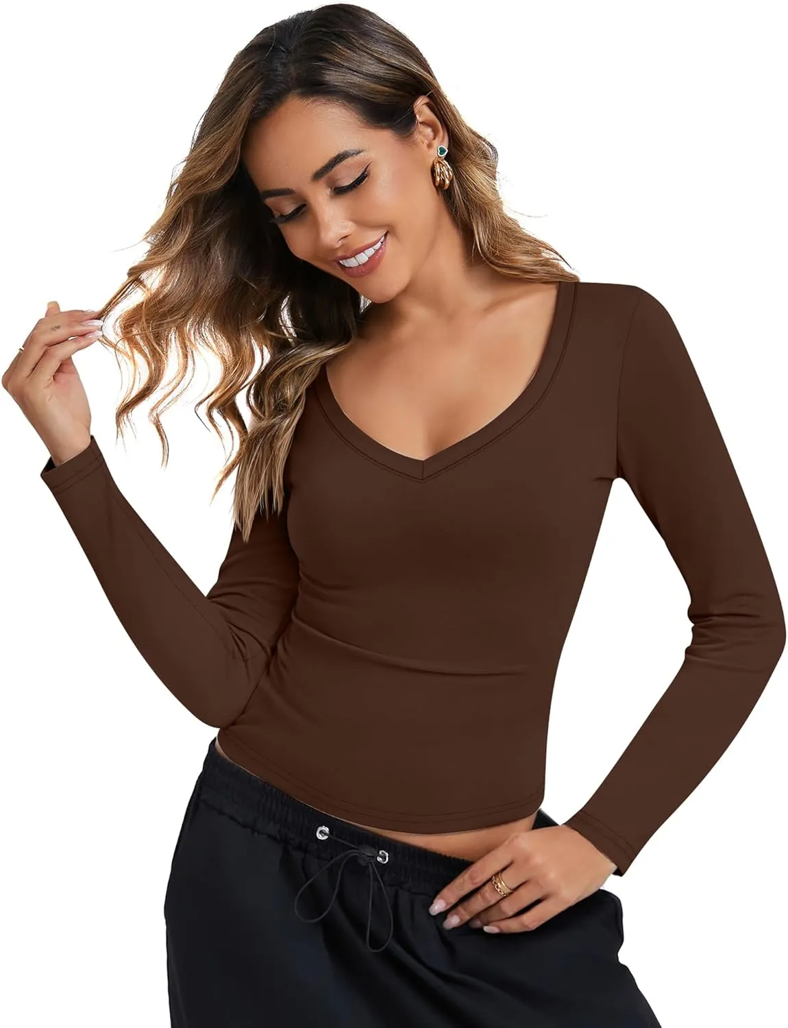 Riyiper 3 Pack Women's Long Sleeve Crop Tops Y2k Slim Fit Square Crew V Neck Shirts Casual Basics Layering