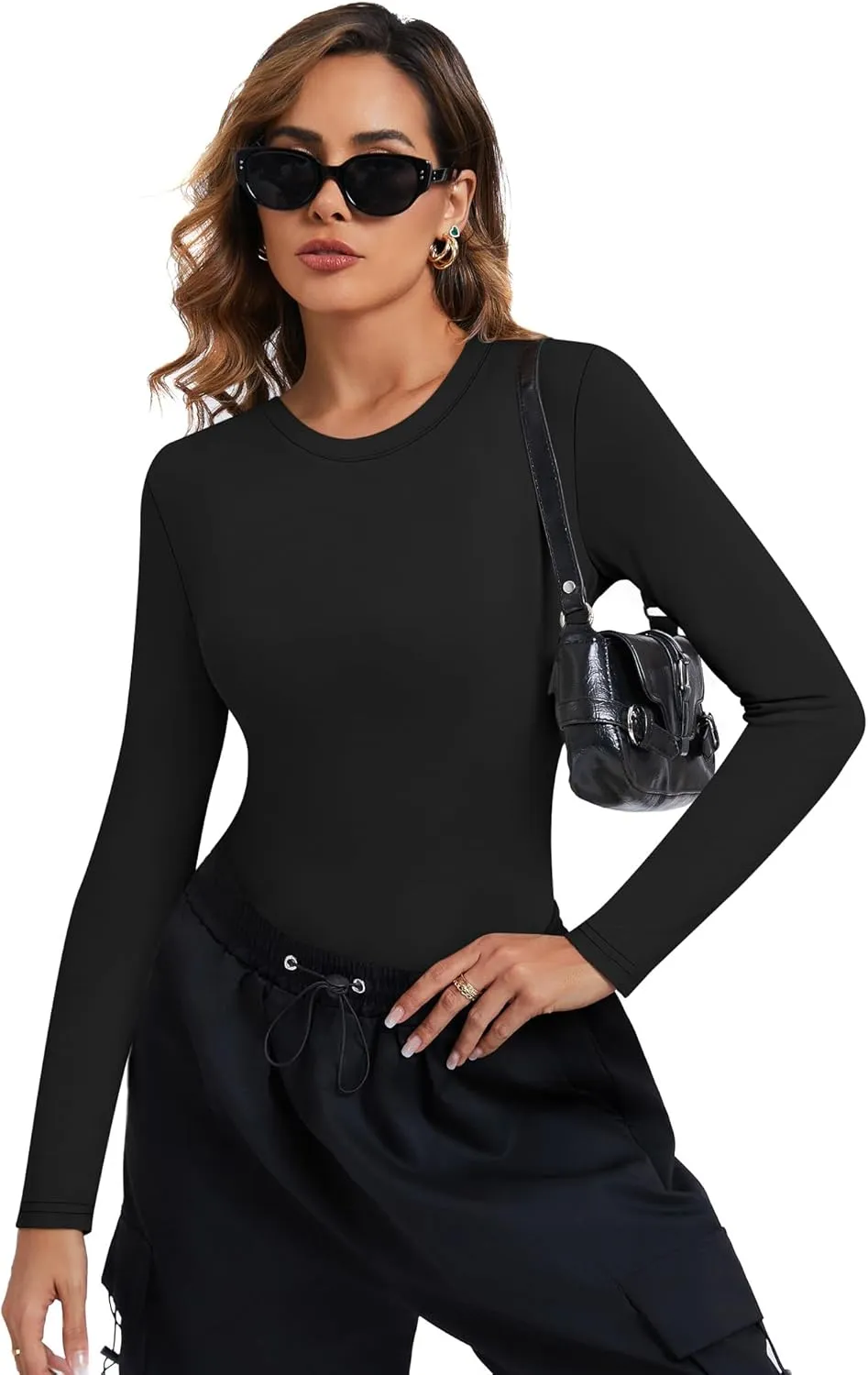 Riyiper 3 Pack Women's Long Sleeve Crop Tops Y2k Slim Fit Square Crew V Neck Shirts Casual Basics Layering
