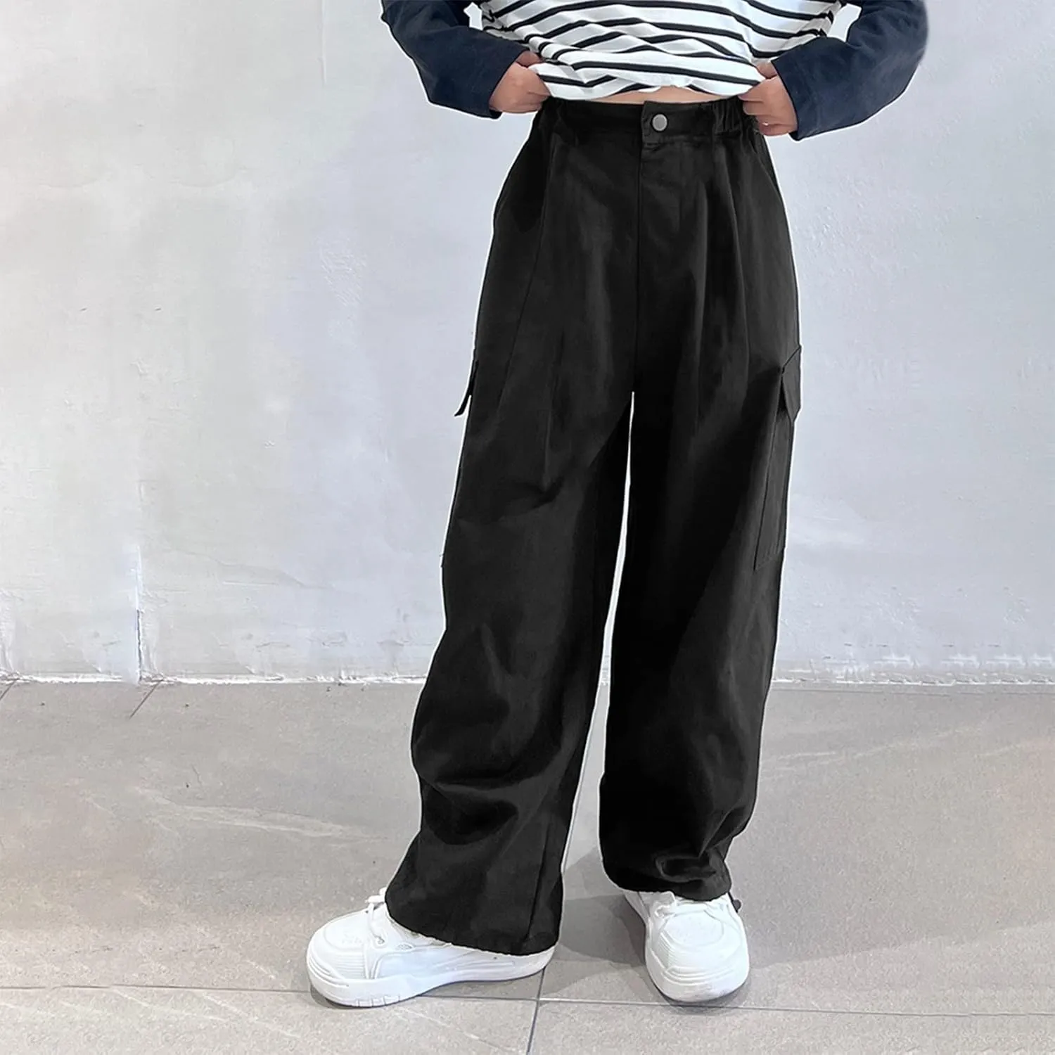 Rolanko Girls Cargo Pants Wide Leg Streetwear Kids Pants with Pockets Trendy Jogger Trousers 4-14 Years