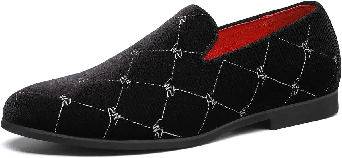 Santimon Men's Silver Stitching Velvet Loafers Slip-On Leather Lined Luxury Smoking Shoes
