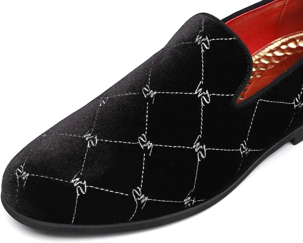 Santimon Men's Silver Stitching Velvet Loafers Slip-On Leather Lined Luxury Smoking Shoes