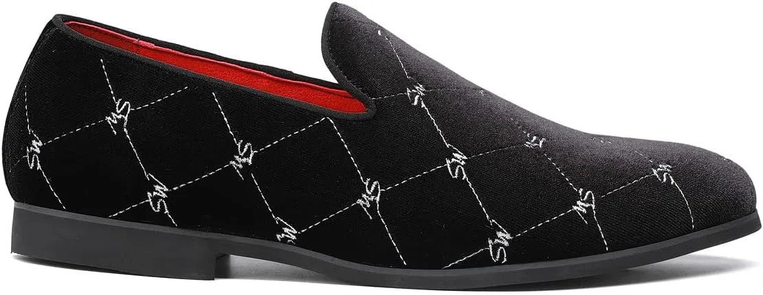 Santimon Men's Silver Stitching Velvet Loafers Slip-On Leather Lined Luxury Smoking Shoes
