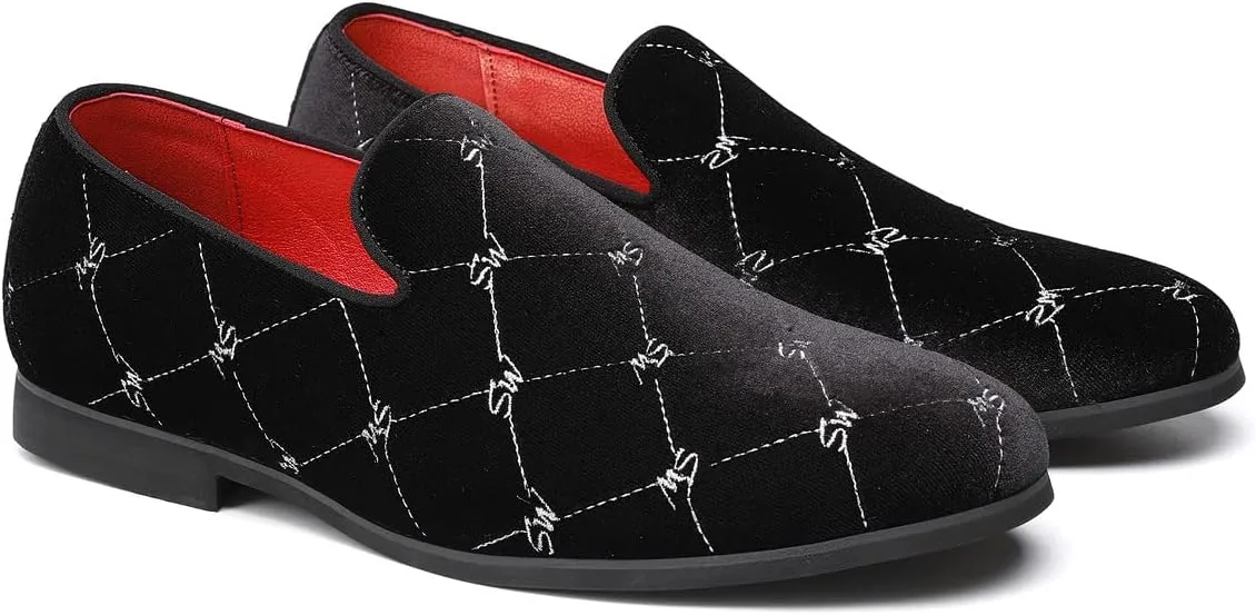 Santimon Men's Silver Stitching Velvet Loafers Slip-On Leather Lined Luxury Smoking Shoes
