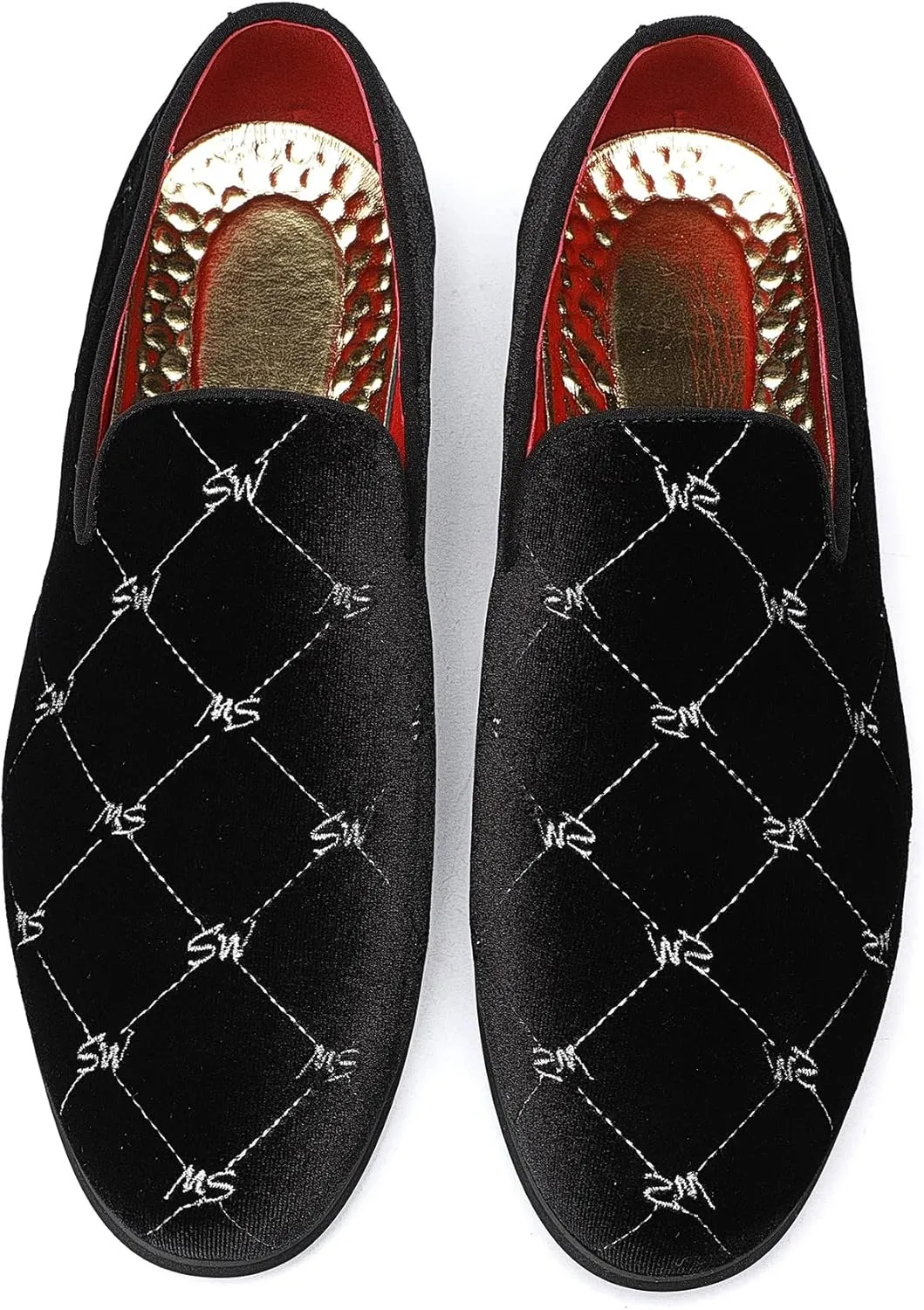 Santimon Men's Silver Stitching Velvet Loafers Slip-On Leather Lined Luxury Smoking Shoes
