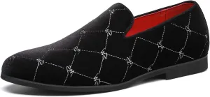 Santimon Men's Silver Stitching Velvet Loafers Slip-On Leather Lined Luxury Smoking Shoes
