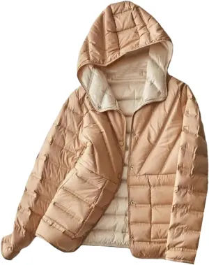 SaoBiiu Women Ultra Light Down Jacket Double Sided Puffer Coat With Hooded Casual Short Reversible Parkas