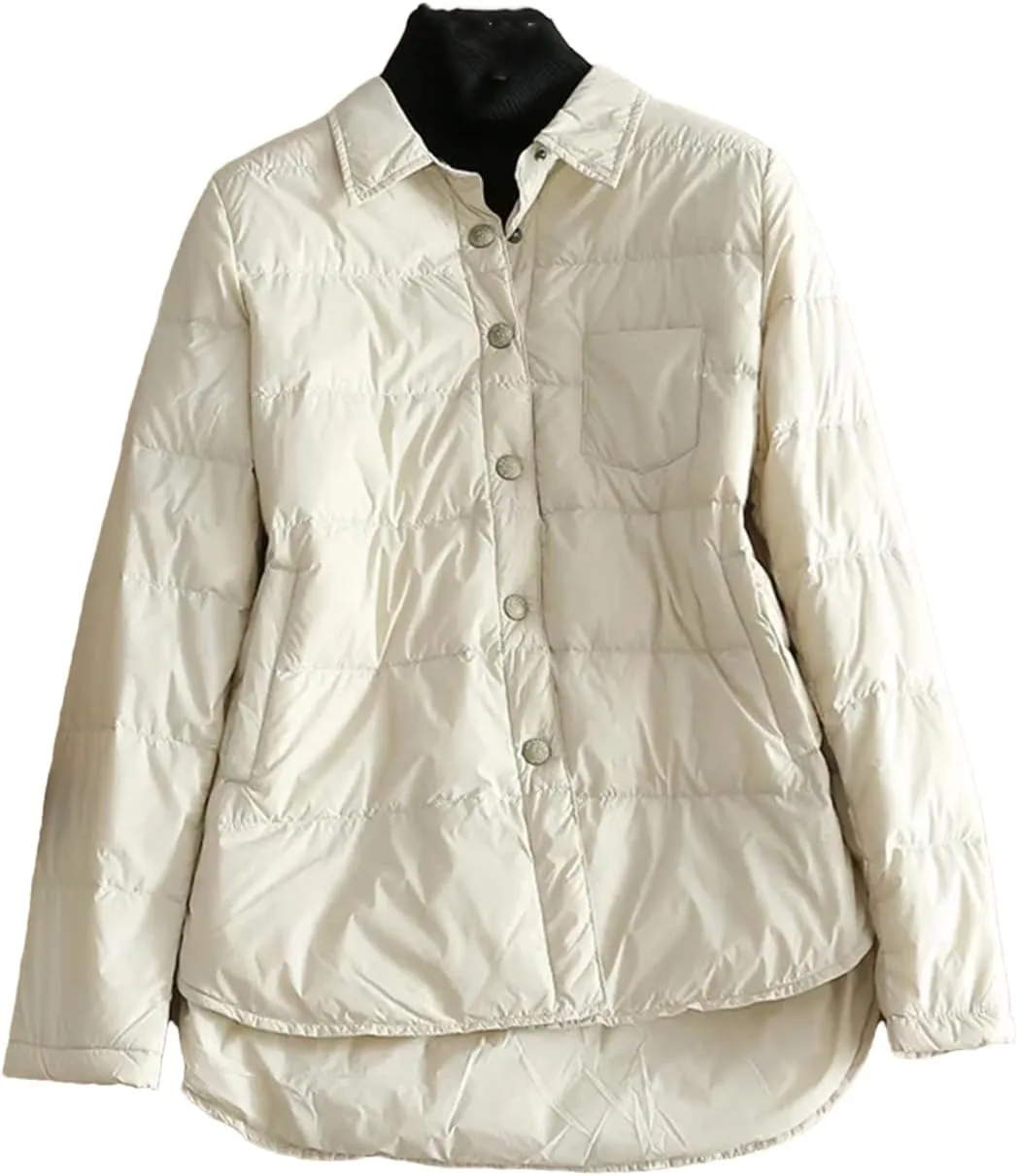 SaoBiiu Women Ultra Light Down Short Jacket Vintage Puffer Parkas Shirt Collar Coat Irregular Loose Outwear