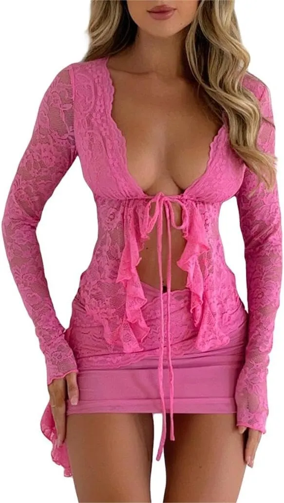 Sastianaen Women Lace Skirt Sets Y2k Off Shoulder Long Sleeve Crop Top Irregular Hem Bodycon Skirt Suit Trendy Outfit