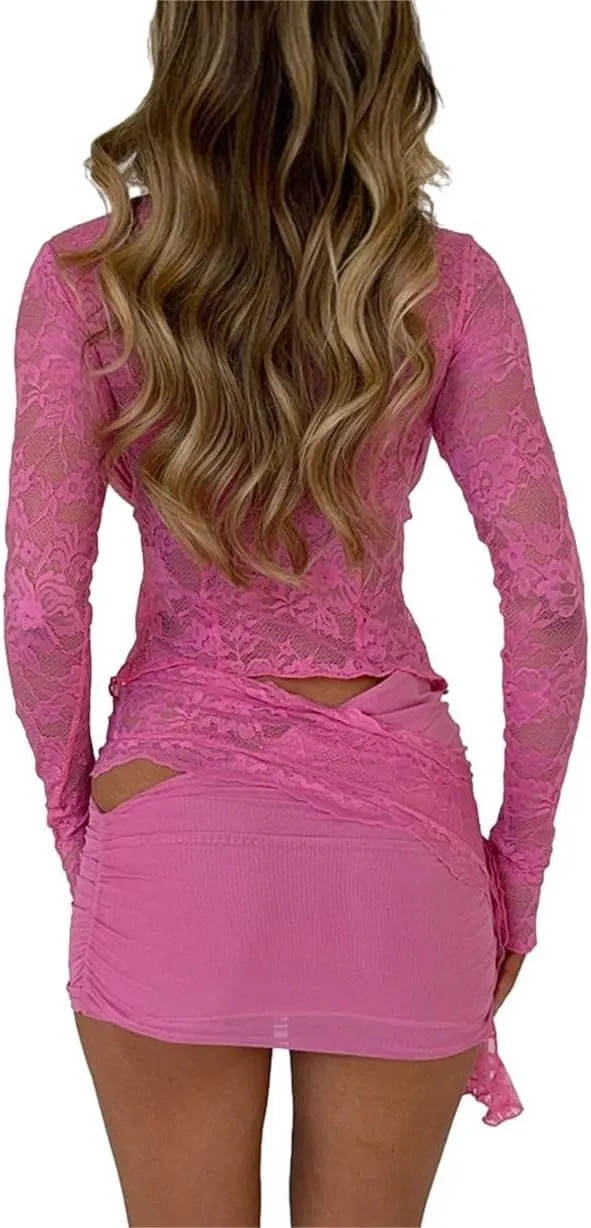 Sastianaen Women Lace Skirt Sets Y2k Off Shoulder Long Sleeve Crop Top Irregular Hem Bodycon Skirt Suit Trendy Outfit