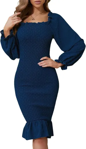 SENFURE Women's Long Sleeve Square Neck Midi Maternity Dresses Ruffle Smocked Bodycon Mermaid Cocktail Dress for Spring
