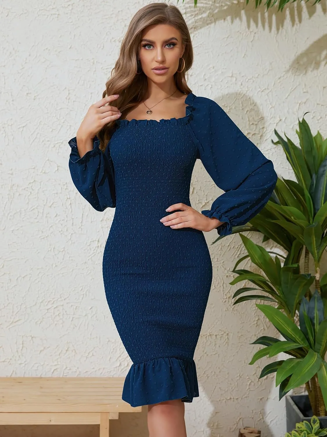SENFURE Women's Long Sleeve Square Neck Midi Maternity Dresses Ruffle Smocked Bodycon Mermaid Cocktail Dress for Spring