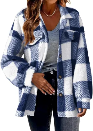 Shacket Jacket Women Casual Flannel Plaid Long Sleeve Lapel Button Down Shirts Fall Wool Blend Coat with Pockets