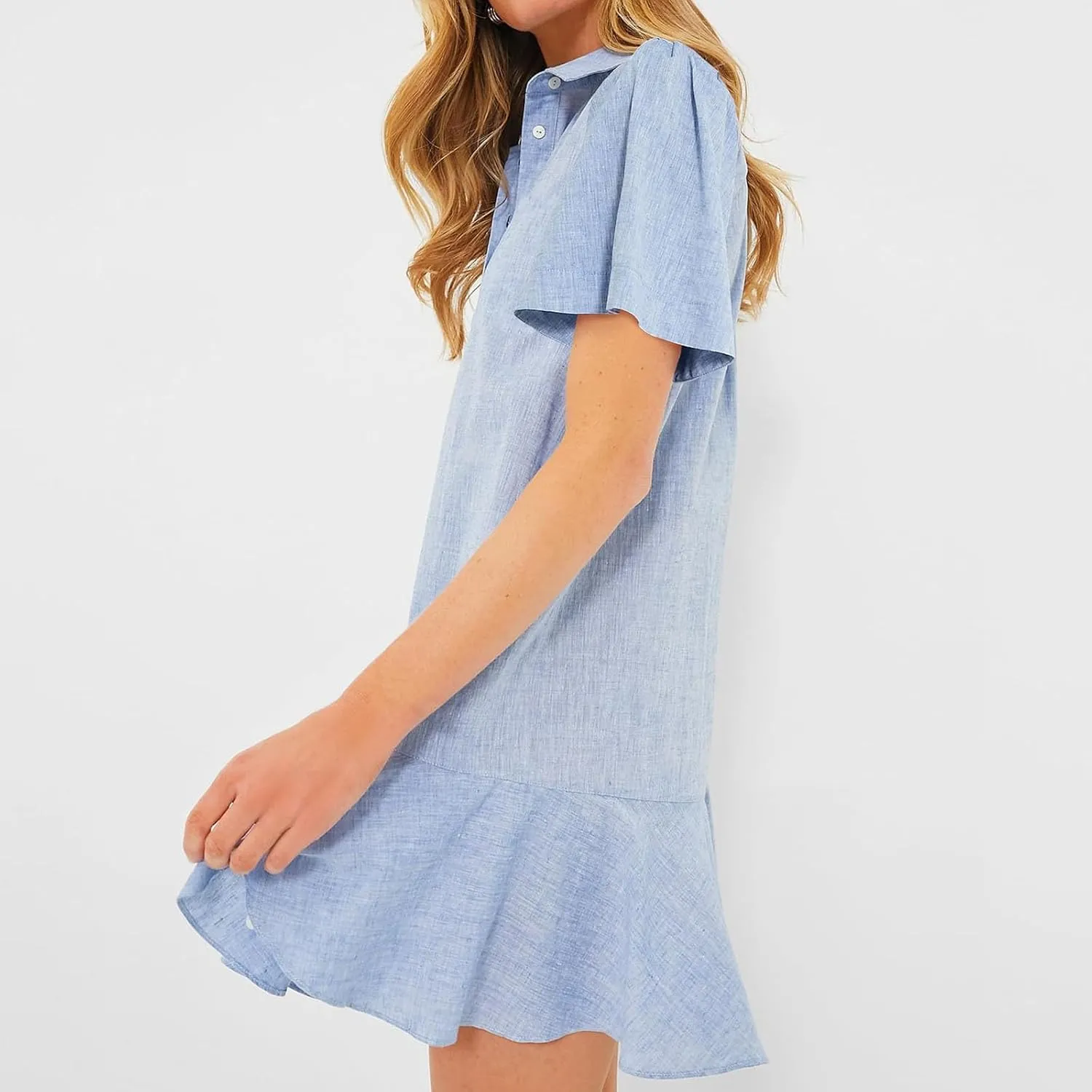 Shift Dress for Women 2025 Tunic Shirt Mini Dress Short Sleeve Cotton Linen Dress Button Up Ruffle Hem Flowy Sundress