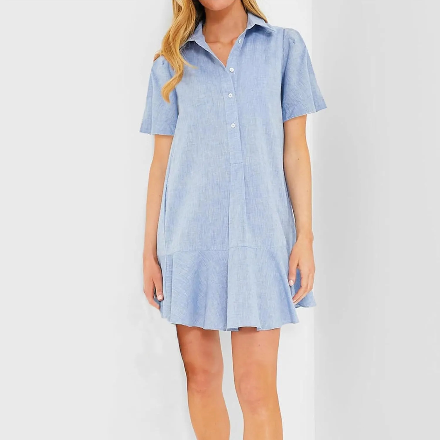 Shift Dress for Women 2025 Tunic Shirt Mini Dress Short Sleeve Cotton Linen Dress Button Up Ruffle Hem Flowy Sundress