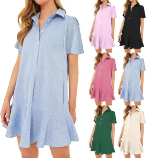 Shift Dress for Women 2025 Tunic Shirt Mini Dress Short Sleeve Cotton Linen Dress Button Up Ruffle Hem Flowy Sundress