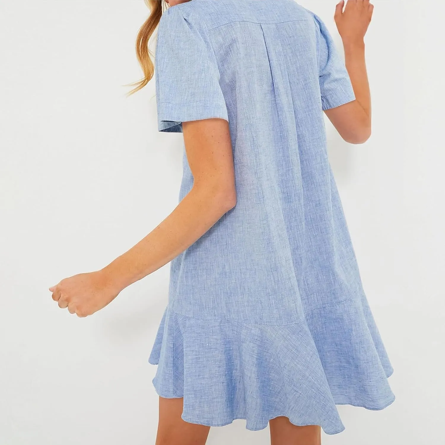 Shift Dress for Women 2025 Tunic Shirt Mini Dress Short Sleeve Cotton Linen Dress Button Up Ruffle Hem Flowy Sundress