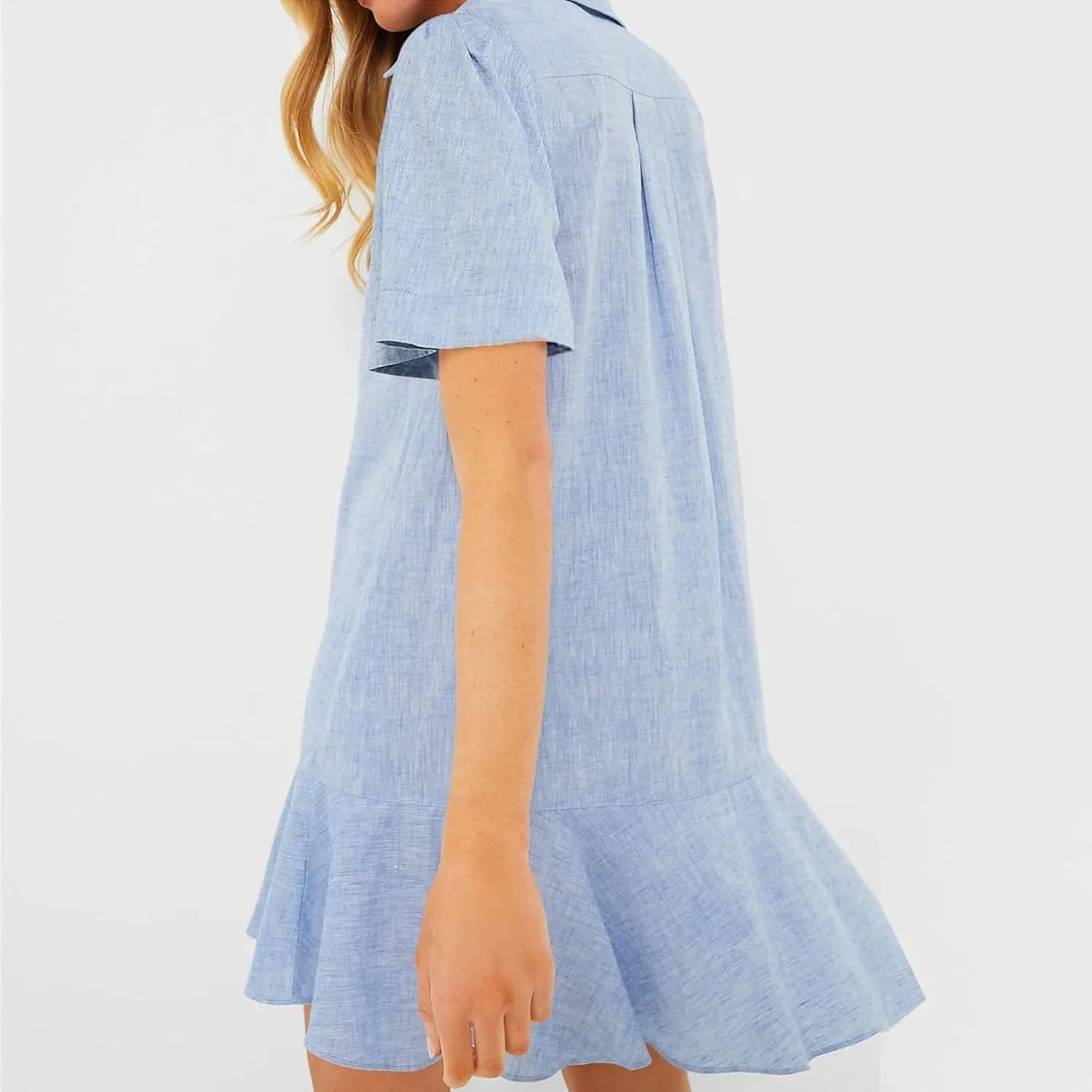 Shift Dress for Women 2025 Tunic Shirt Mini Dress Short Sleeve Cotton Linen Dress Button Up Ruffle Hem Flowy Sundress