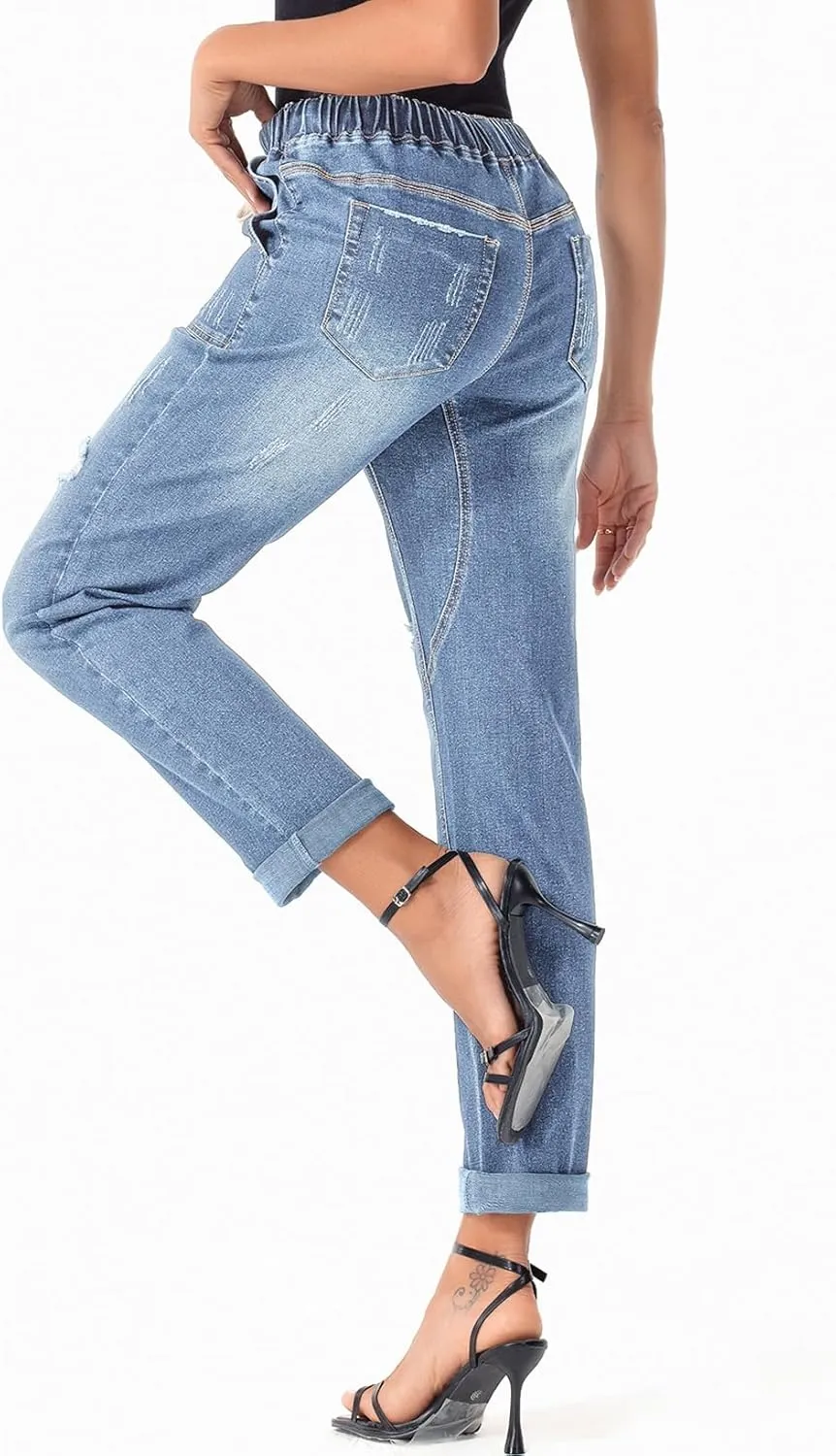 Sidefeel Women’s High Waisted Drawstring Jeans Pull On Cargo Joggers Zimbaplatinum Ripped Elastic Waist Denim Pants