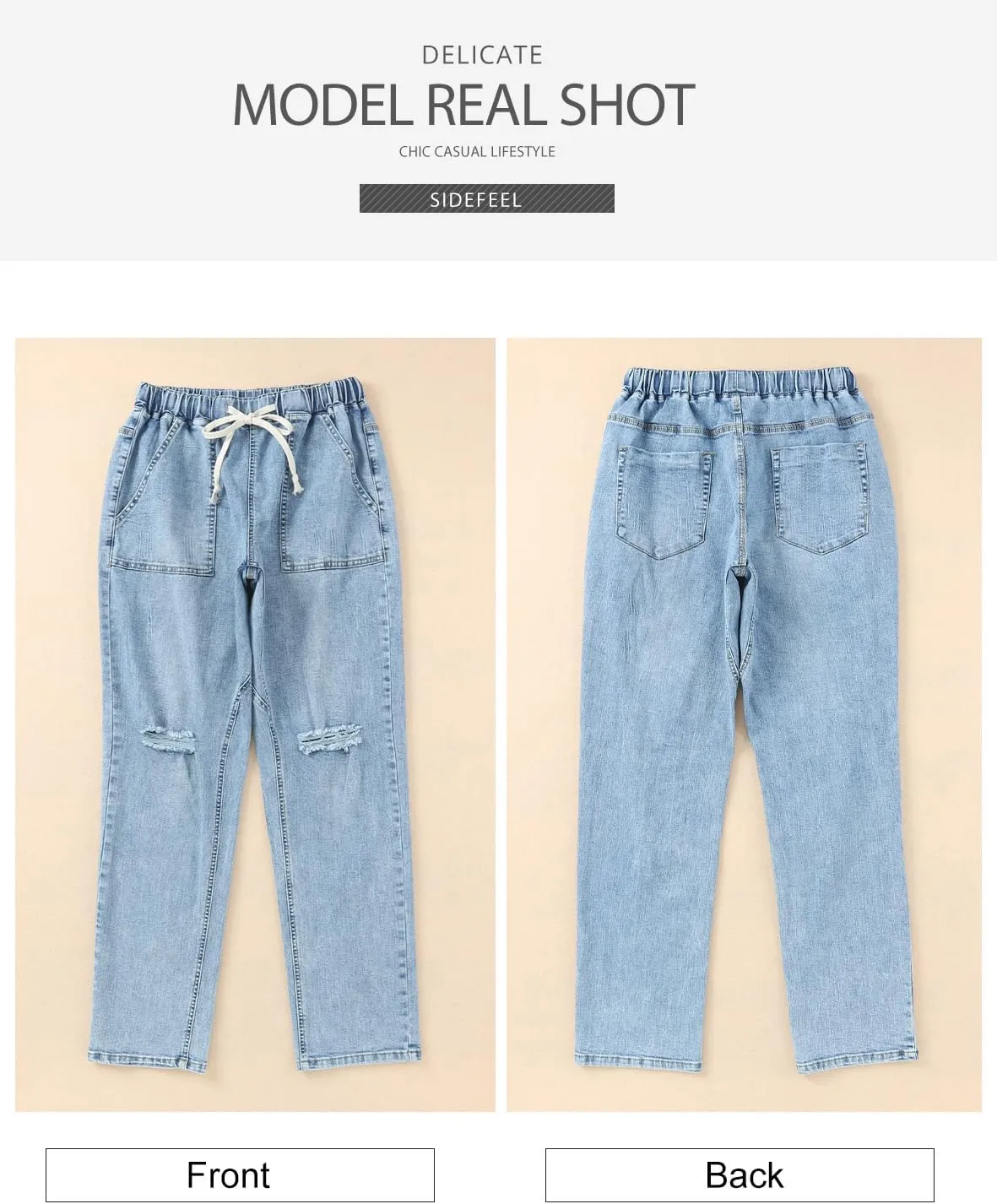 Sidefeel Women’s High Waisted Drawstring Jeans Pull On Cargo Joggers Zimbaplatinum Ripped Elastic Waist Denim Pants