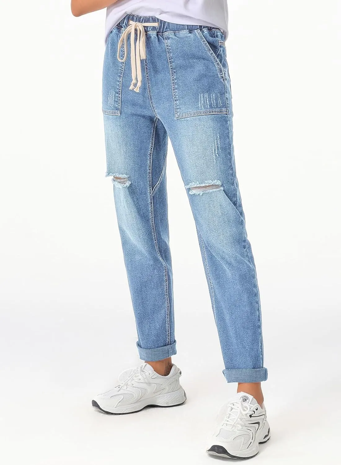 Sidefeel Women’s High Waisted Drawstring Jeans Pull On Cargo Joggers Zimbaplatinum Ripped Elastic Waist Denim Pants