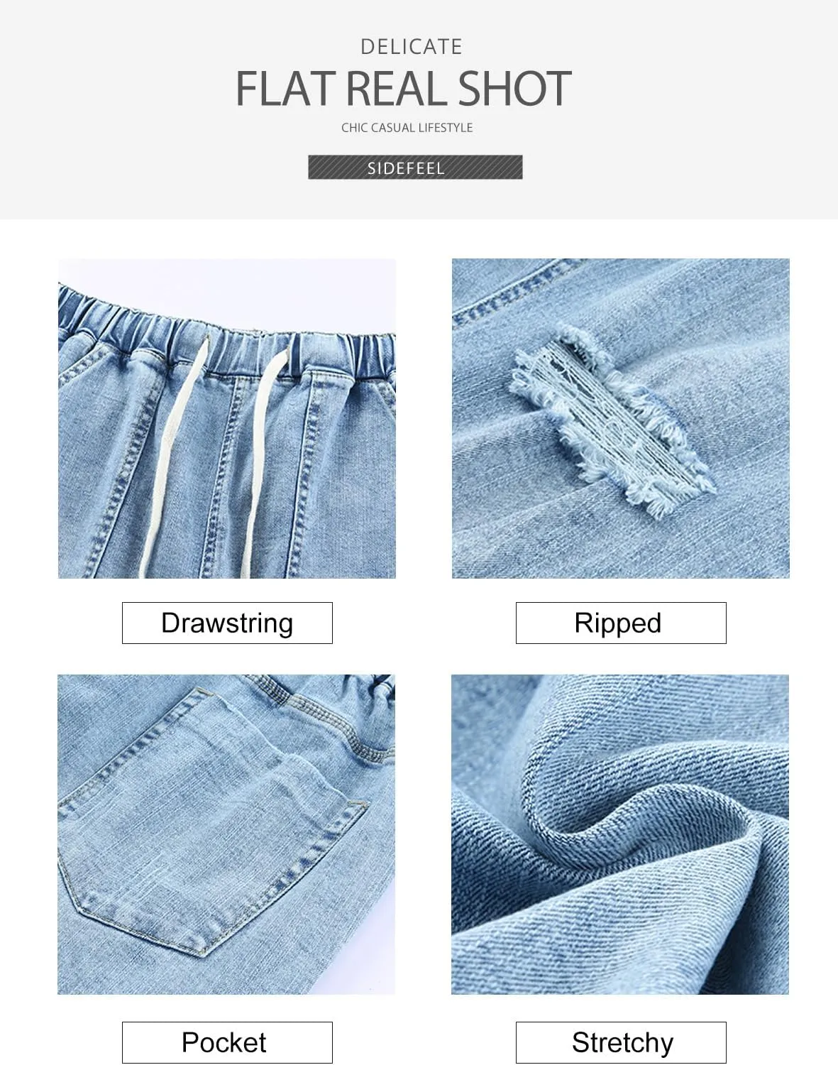 Sidefeel Women’s High Waisted Drawstring Jeans Pull On Cargo Joggers Zimbaplatinum Ripped Elastic Waist Denim Pants